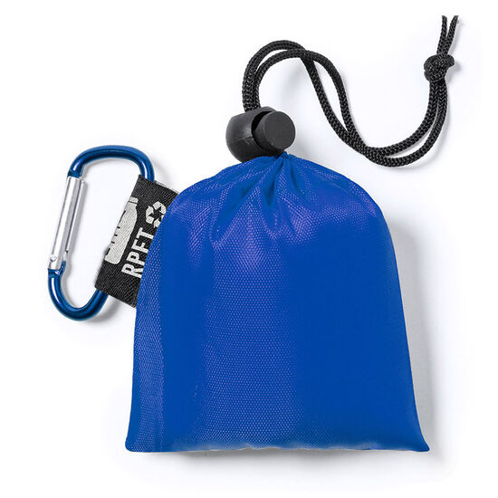 Blå Regnponcho i fodral av rPET med karbinhake Branekmed tryck