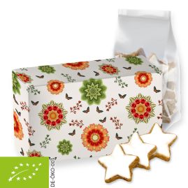 Ekologiska kanelstjärnor med tryck, ca. 130g, vikbar låda produktbild