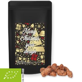 Ekologiska brända mandlar, ca. 80g, svart påse med tryck produktbild
