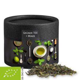Ekologiskt grönt te med mynta, ca. 10g, biologiskt nedbrytbar eko-kartong mini svart med tryck produktbild